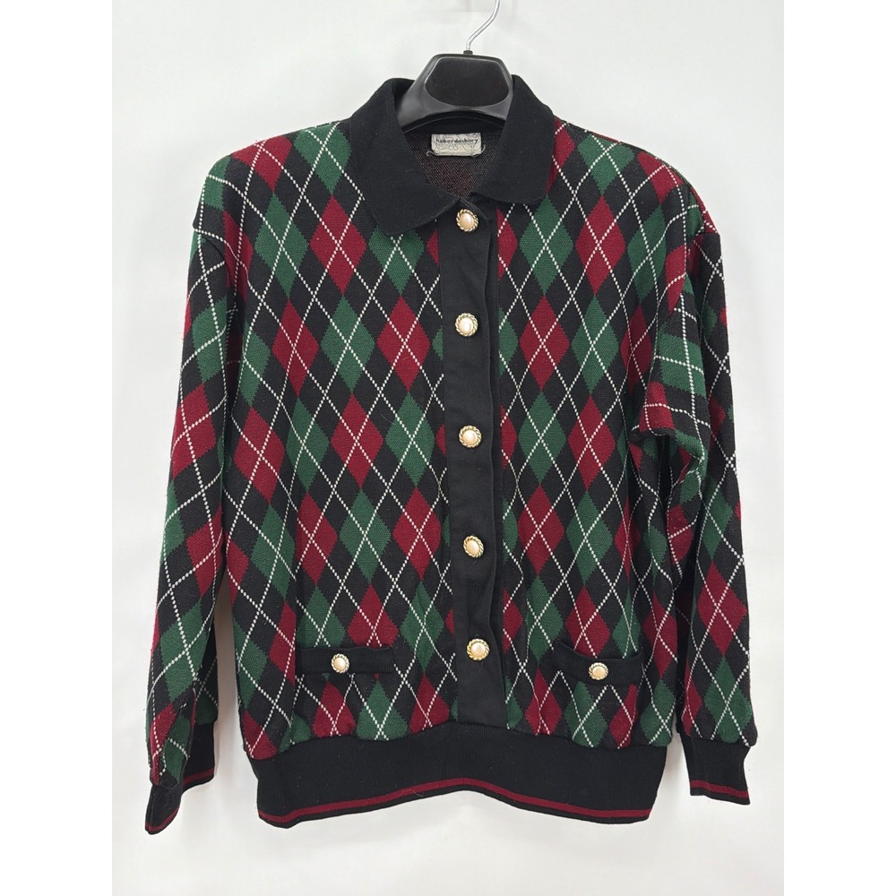 Haberdashery Leslie Fay Vintage Argyle Cardigan Sweater Red Green Black Large